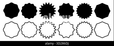 set of starburst sunburst badges shapes vector elements for sale sticker price quality tag solid black and outline Stock Vector