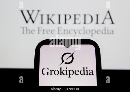 Indonesia. 31st Oct, 2025. In this photo illustration, a Grokipedia logo is displayed on a smartphone and a Wikipedia logo in the background. (Photo by Algi Febri Sugita/SOPA Images/Sipa USA) *** Strictly for editorial news purposes only *** Credit: Sipa USA/Ģ����ý Live News Stock Photo