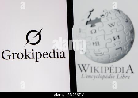 Indonesia. 31st Oct, 2025. In this photo illustration, a Grokipedia logo is displayed on a smartphone and a Wikipedia logo in the background. (Photo by Algi Febri Sugita/SOPA Images/Sipa USA) *** Strictly for editorial news purposes only *** Credit: Sipa USA/Ģ����ý Live News Stock Photo