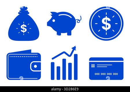 Financial blue icons set money bag piggy bank dollar coin wallet growth chart credit card vector Stock Vector