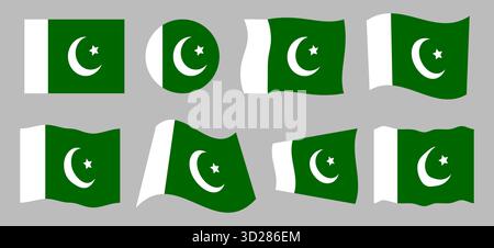 Collection of Pakistan flag illustrations in various shapes and waving styles Stock Vector