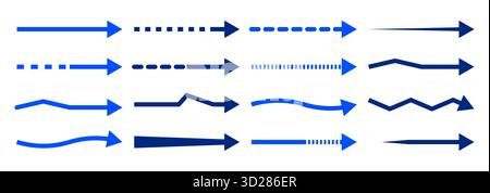 Collection of blue arrow designs pointing right for direction and navigation use Stock Vector
