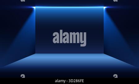 dark blue studio room, bright blue glow from a hidden light source. futuristic empty space with dramatic light cones for contemporary product presenta Stock Vector