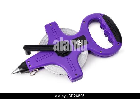 30 meter Purple Measuring Tape Tool With Retractable Tape And Ergonomic Handle with Smooth rolling and running of tape isolated On White Studio Backgr Stock Photo