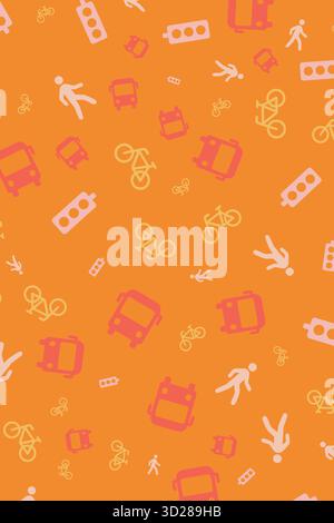 Orange seamless pattern filled with playful icons of chairs, ladders, toys, people, and small activity symbols in warm colors. Stock Vector