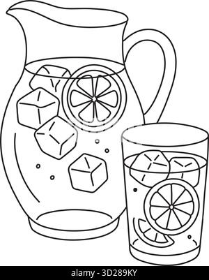 A clear pitcher and tumbler are filled with ice cubes and round citrus slices illustrated in clean black outlines Stock Vector