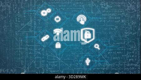 Displaying security and connectivity icons glowing over blue chalkboard backdrop, with formulas Stock Photo