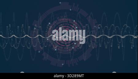 Rotating graphic on digital panel with red-pink rings, white oscillating waveform and glowing dots Stock Photo