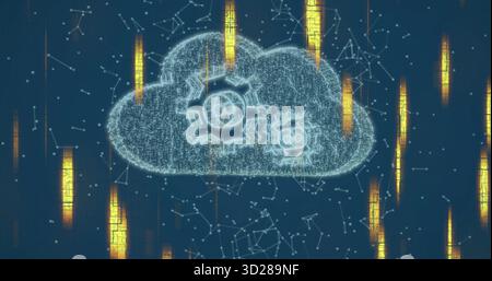 Displaying pixelated digital cloud icon processing data in virtual network space, with gear symbols Stock Photo