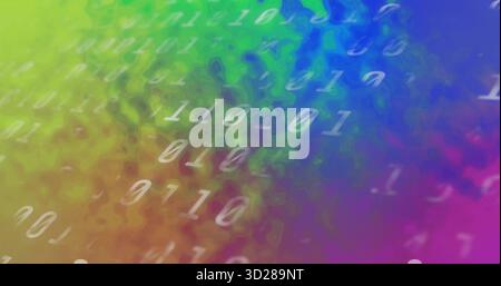 Streaming binary digits floating over multicolored gradient background, in virtual data space Stock Photo