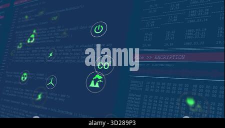 Displaying green energy icons hovering over code interface GUI, with encryption panel progress Stock Photo