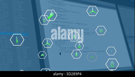 Displaying floating translucent white hexagonal frames on code editor, with green energy icons Stock Photo