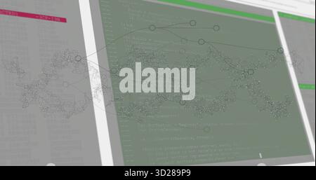 Translucent network graph overlay floating in workspace, with dual monitors displaying code editors Stock Photo