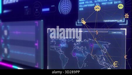 Displaying world map dashboard in virtual hub, showing holographic graphs, nodes and currency icons Stock Photo
