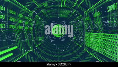 Glowing interface pulsing in virtual data tunnel, streaming numbers, waveforms, grids, particles Stock Photo