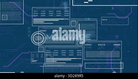 Displaying overlapping data panels on blue interface with numeric codes, charts and purple traces Stock Photo