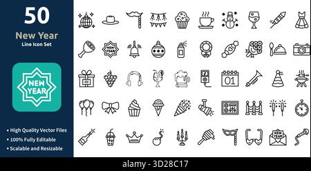New Year icon set in Outline style Minimilist and trendy Icon set Stock Vector