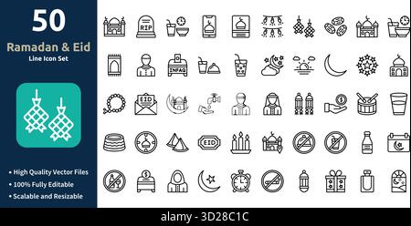 Ramadan And Eid icon set in Outline style Minimilist and trendy Icon set Stock Vector