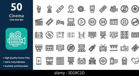 Cinema icon set in Outline style. Minimilist and trendy Icon set. Containing Icons Stock Vector