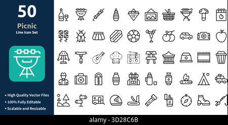 Picnic icon set in Outline style Minimilist and trendy Icon set Stock Vector