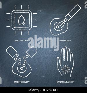 Cell research and studies chalkboard icon set. Target delivery, lab on a chip, implantable chip, nanorobot symbols. Vector illustration. Stock Vector