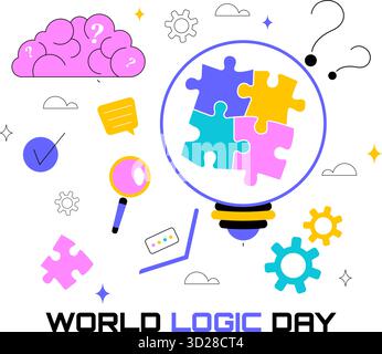 World Logic Day Vector Illustration Featuring Creative Thinking, Analytical Mind, Puzzle, Decision Making, and Smart Brain in a Flat Background Stock Vector