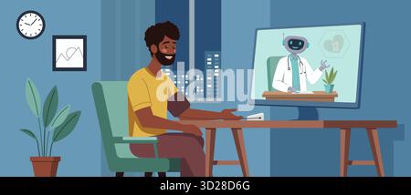 Dark skinned man checking blood pressure at home during an online telemedicine consultation with robot virtual doctor on a computer screen, symbolizin Stock Vector