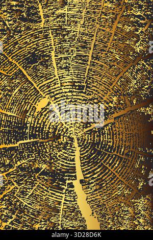 High resolution illustration of gold tree trunk cross section with detailed growth rings and natural cracks. Artistic wood grain texture in contrastin Stock Vector