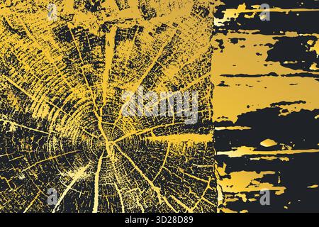 High resolution illustration of gold tree trunk cross section with detailed growth rings and natural cracks. Artistic wood grain texture in contrastin Stock Vector