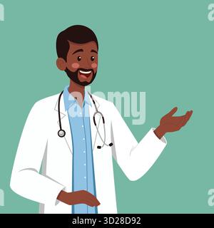 Smiling dark skinned male doctor wearing a white coat and stethoscope, gesturing with one hand as if explaining or giving advice. Ideal for healthcare Stock Vector