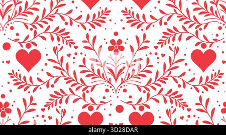 Romantic seamless pattern featuring red hearts, floral branches, and decorative dots on a white background. Perfect for Valentine’s Day, wrapping pape Stock Vector