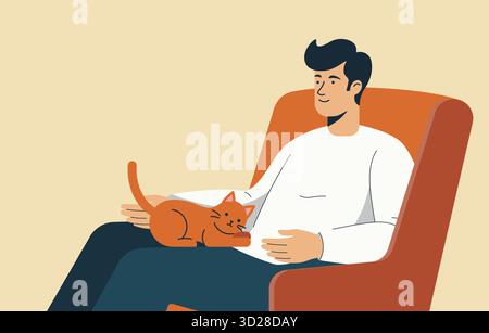 Illustration of a man sitting comfortably in an armchair with a content orange cat resting on his lap. The calm and cozy scene captures warmth, relaxa Stock Vector