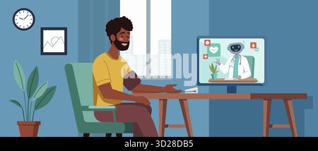 Dark skinned man checking blood pressure at home during an online telemedicine consultation with robot virtual doctor on a computer screen, symbolizin Stock Vector