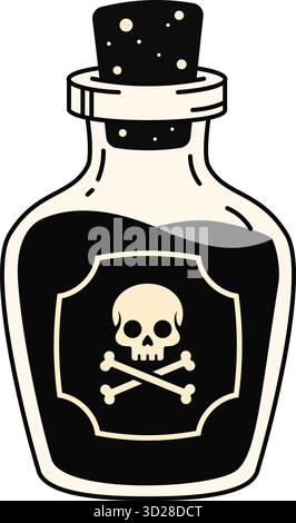 Stylized cartoon poison bottle featuring a black liquid, white label with skull and crossbones symbol, and a dotted black cap. Ideal for Halloween, da Stock Vector