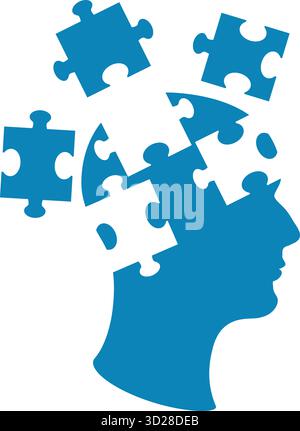 Silhouette of head made of blue puzzle pieces, symbolizing brain activity, education, memory and mental health. Abstract conceptual illustration of br Stock Vector