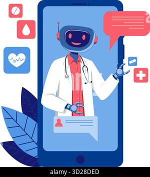 Illustration of a friendly robot doctor appearing on a smartphone screen, symbolizing modern healthcare and digital telemedicine services. Includes he Stock Vector