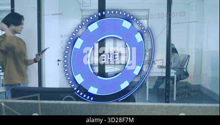 Displaying translucent digital interface overlay in office with glass wall, smartphone and laptop Stock Photo