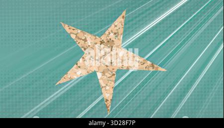 Displaying mosaic-textured five-pointed star glowing on teal dots, with white diagonal light rays Stock Photo