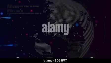Displaying dot matrix globe rotating within dark data environment with binary code and colored dots Stock Photo