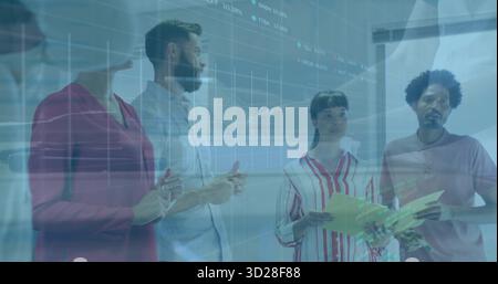 Suited team reviewing translucent charts, graphs on glass wall, with yellow folder, paper, red pen Stock Photo