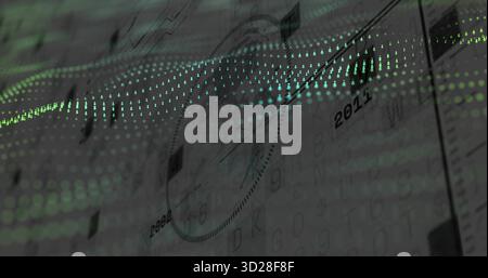 Displaying dotted circular chart with arrow and dot waves on virtual dashboard, with data markers Stock Photo
