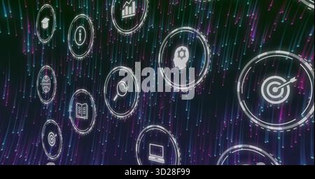 Glowing circular head-silhouette icon hovering in neon data network, with circular concept icons Stock Photo