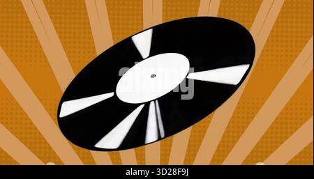 Floating single black vinyl record in abstract design, with white center label and orange stripes Stock Photo