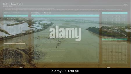 Displaying translucent interface overlaying estuary mudflats, with code window and passphrase input Stock Photo