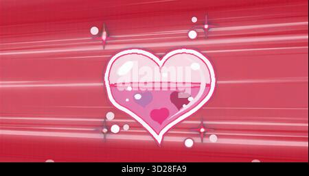 Displaying large pink heart with three smaller hearts on red gradient with light streaks, sparkles Stock Photo