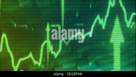 Displaying green line graph rising on virtual terminal screen, with grid lines and arrow markers Stock Photo