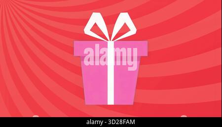 Featuring stylized pink gift box resting on striped red backdrop, topped with white ribbon and bow Stock Photo