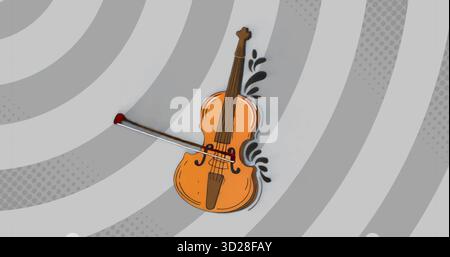 Displaying stylized wooden cello in graphic design backdrop, featuring overlaid bow and flourishes Stock Photo