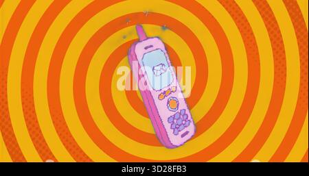 Retro mobile phone floating against orange-yellow rings with external antenna and envelope icon Stock Photo