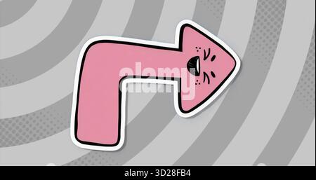 Pointing pink arrow showing surprised expression against grey concentric backdrop, halftone texture Stock Photo